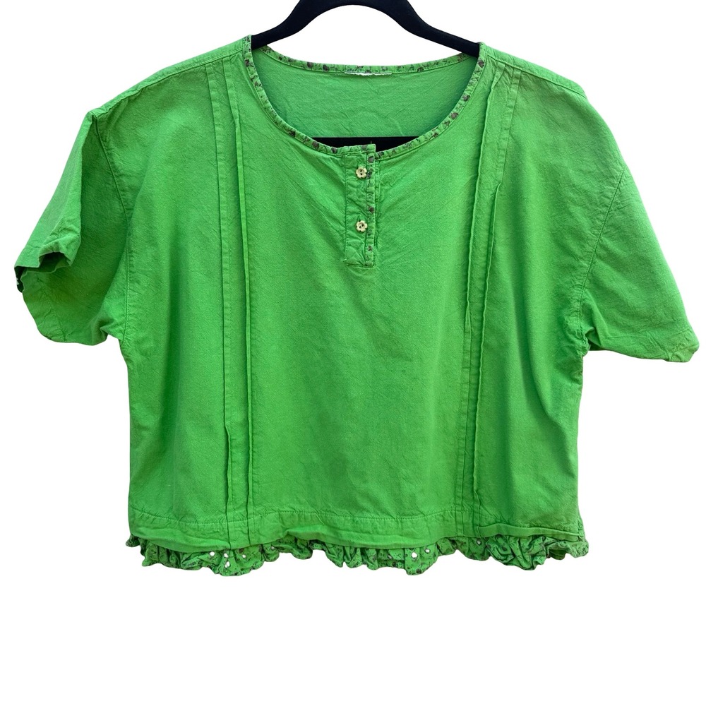 Vintage 90s Cropped Ruffle Hem Lime Pintuck Cottagecore Top‎ Fairy Boho Peasant